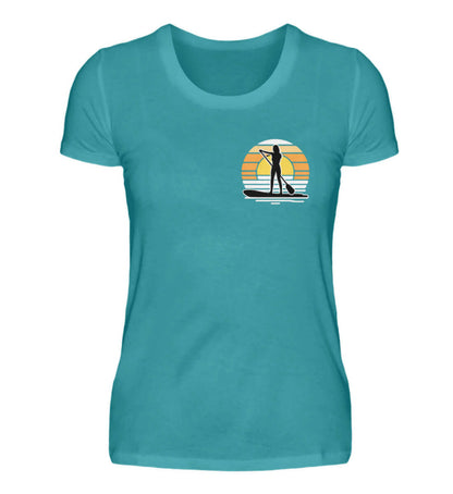 maritime Kleidung SUP Girl kleines Logo - Damen Premium T-Shirt lang Farbe: Swimming Pool