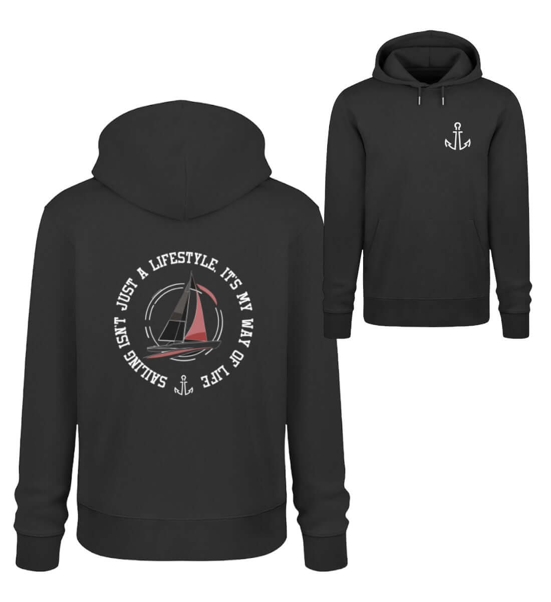 Maritime Mode Sailing Lifestyle - Unisex Bio Hoodie in der modischen Farbe Farbe: Black beidseitig bedruckt, Ankermotiv mit Segelmotiv