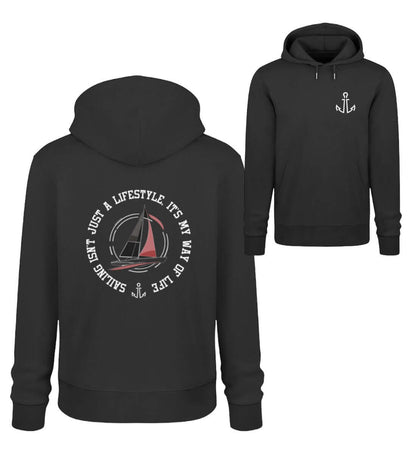 Maritime Mode Sailing Lifestyle - Unisex Bio Hoodie in der modischen Farbe Farbe: Black beidseitig bedruckt, Ankermotiv mit Segelmotiv