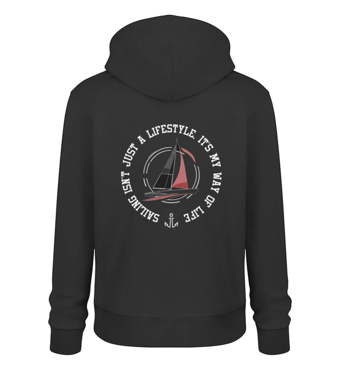 Maritime Mode Sailing Lifestyle - Unisex Bio Hoodie in der modischen Farbe Farbe: Black beidseitig bedruckt, Rückendruck Segelmotiv