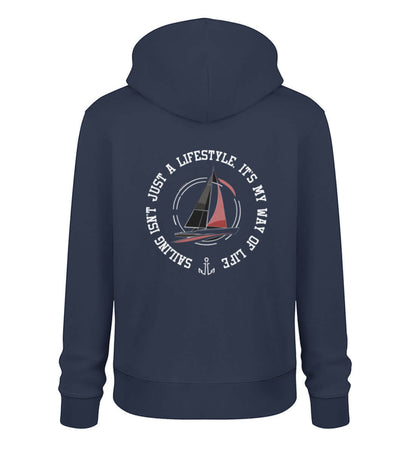 Maritime Mode Sailing Lifestyle - Unisex Bio Hoodie in der modischen Farbe Farbe: French Navy beidseitig bedruckt, Rückendruck Segelmotiv