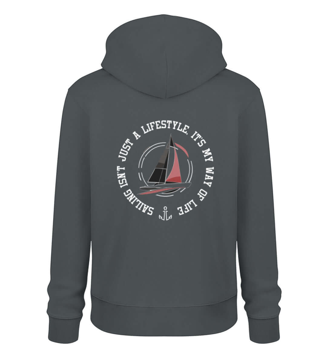 Maritime Mode Sailing Lifestyle - Unisex Bio Hoodie in der modischen Farbe Farbe: India Ink Grey beidseitig bedruckt, Rückendruck Segelmotiv