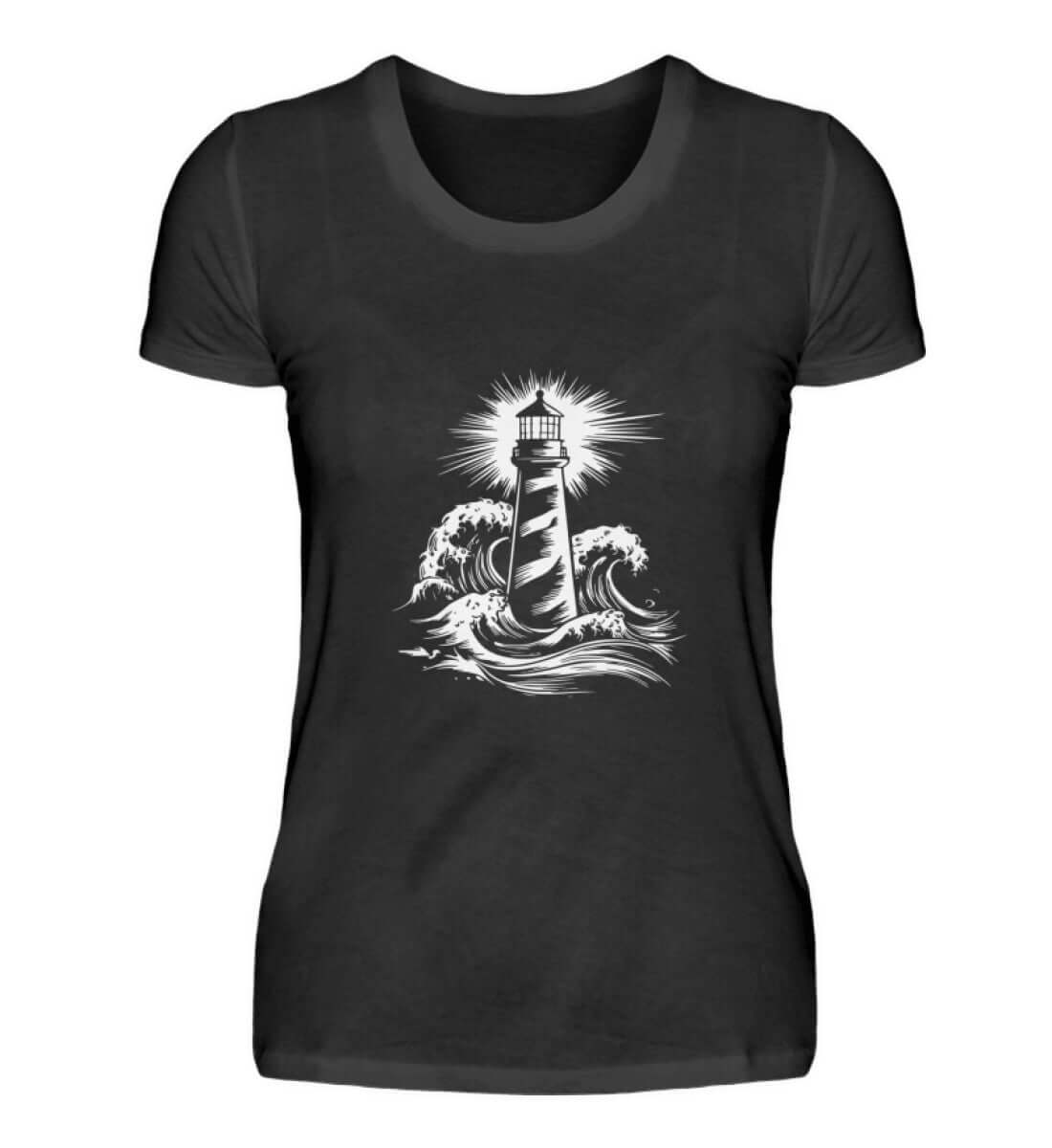 Maritime Kleidung Leuchtturm mit Wellen - Damen Premium T-Shirt lang Farbe: Black