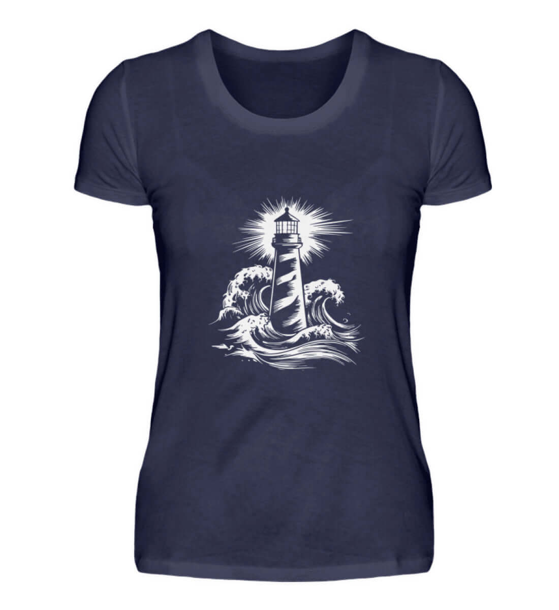 Maritime Kleidung Leuchtturm mit Wellen - Damen Premium T-Shirt lang Farbe: Navy