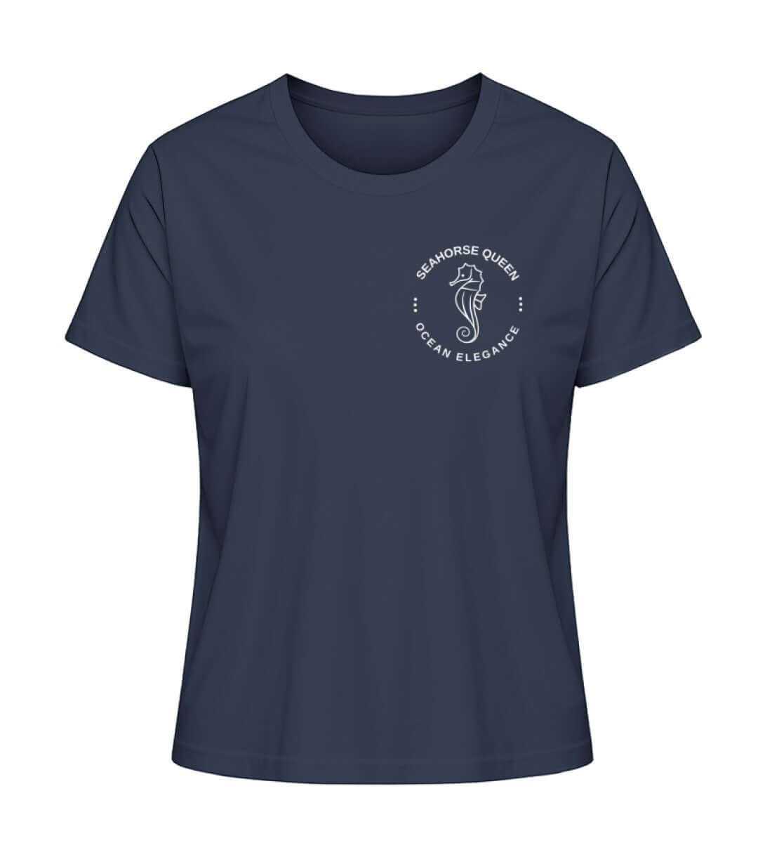 SEAHORSE - maritimes Damen Premium BIO T-Shirt Farbe: French Navy mit kleinem Seepferdchen Logo für echte Seepferchenfreunde