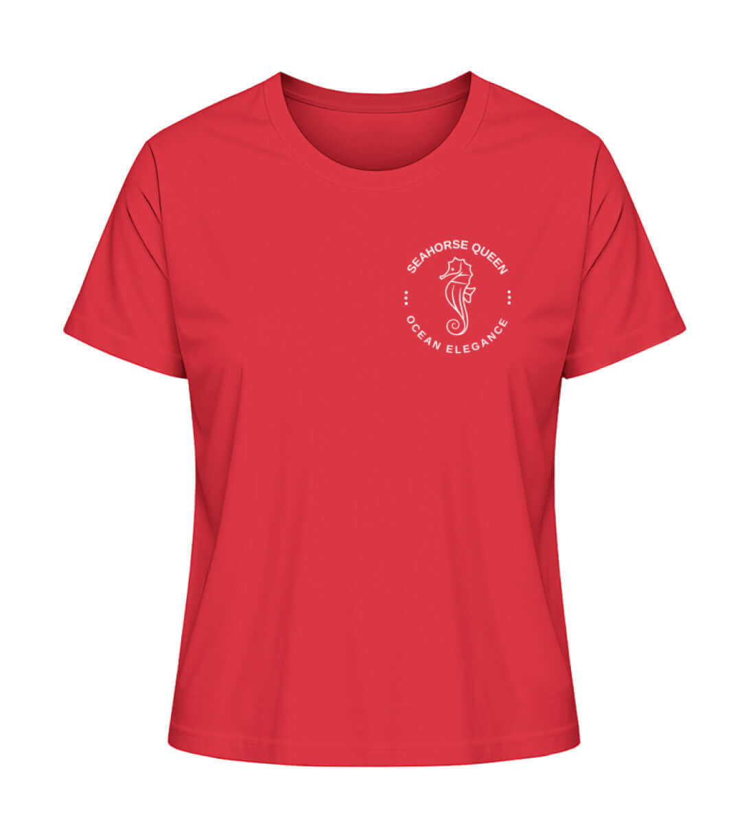 SEAHORSE - maritimes Damen Premium BIO T-Shirt Farbe: Red mit kleinem Seepferdchen Logo für echte Seepferchenfreunde