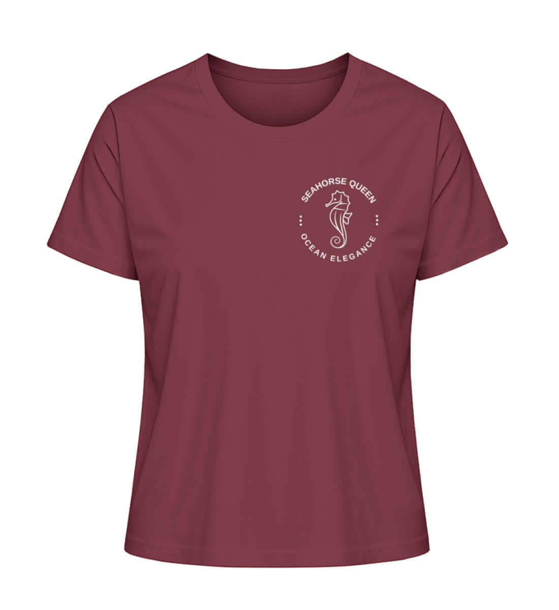 SEAHORSE - maritimes Damen Premium BIO T-Shirt Farbe: Burgundy mit kleinem Seepferdchen Logo für echte Seepferchenfreunde