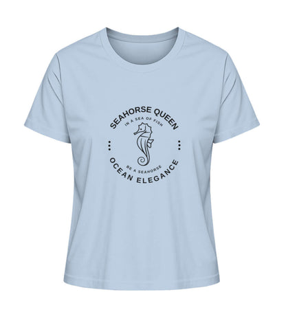 SEAHORSE QUEEN - modisches maritimes Damen Premium Bio T-Shirt Farbe: Blue Soul mit Seepferdchen Motiv, für echte Meeresliebhaberinnen