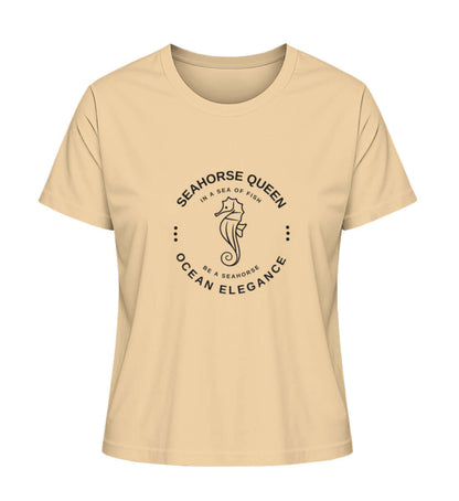 SEAHORSE QUEEN - modisches maritimes Damen Premium Bio T-Shirt Farbe: Nispero mit Seepferdchen Motiv, für echte Meeresliebhaberinnen