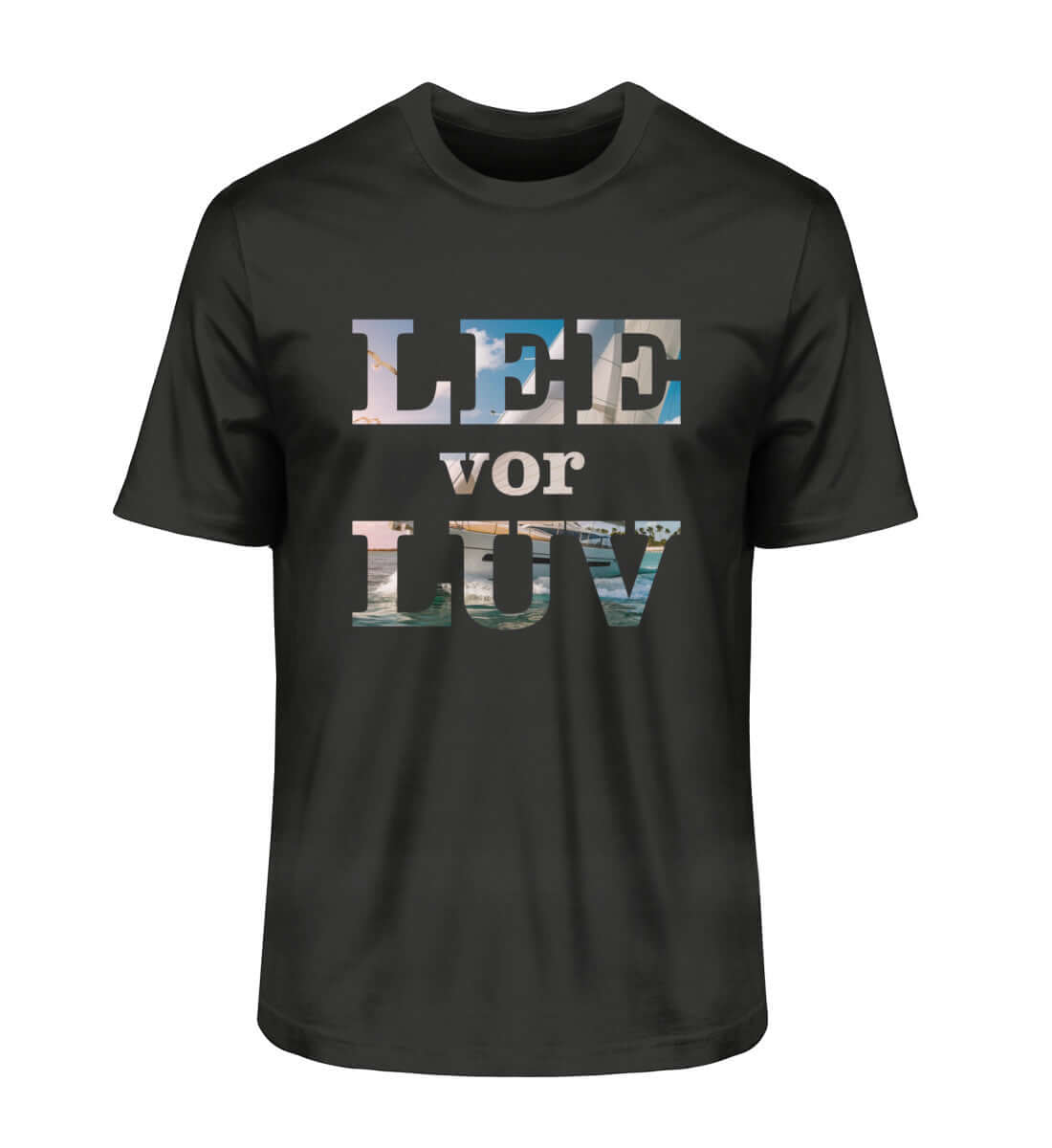 maritime Mode LEE vor LUV - Herren Premium Bio T-Shirt in Farbe: Black Schriftzug mit Fotofüllung Segelbootmotiv