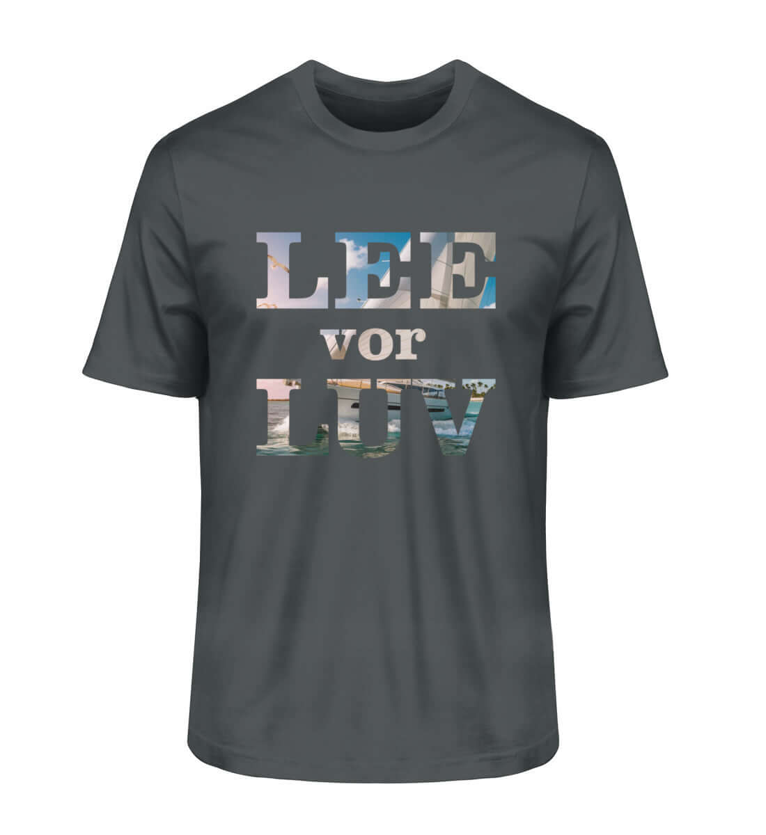 maritime Mode LEE vor LUV - Herren Premium Bio T-Shirt in Farbe: India Ink Grey Schriftzug mit Fotofüllung Segelbootmotiv