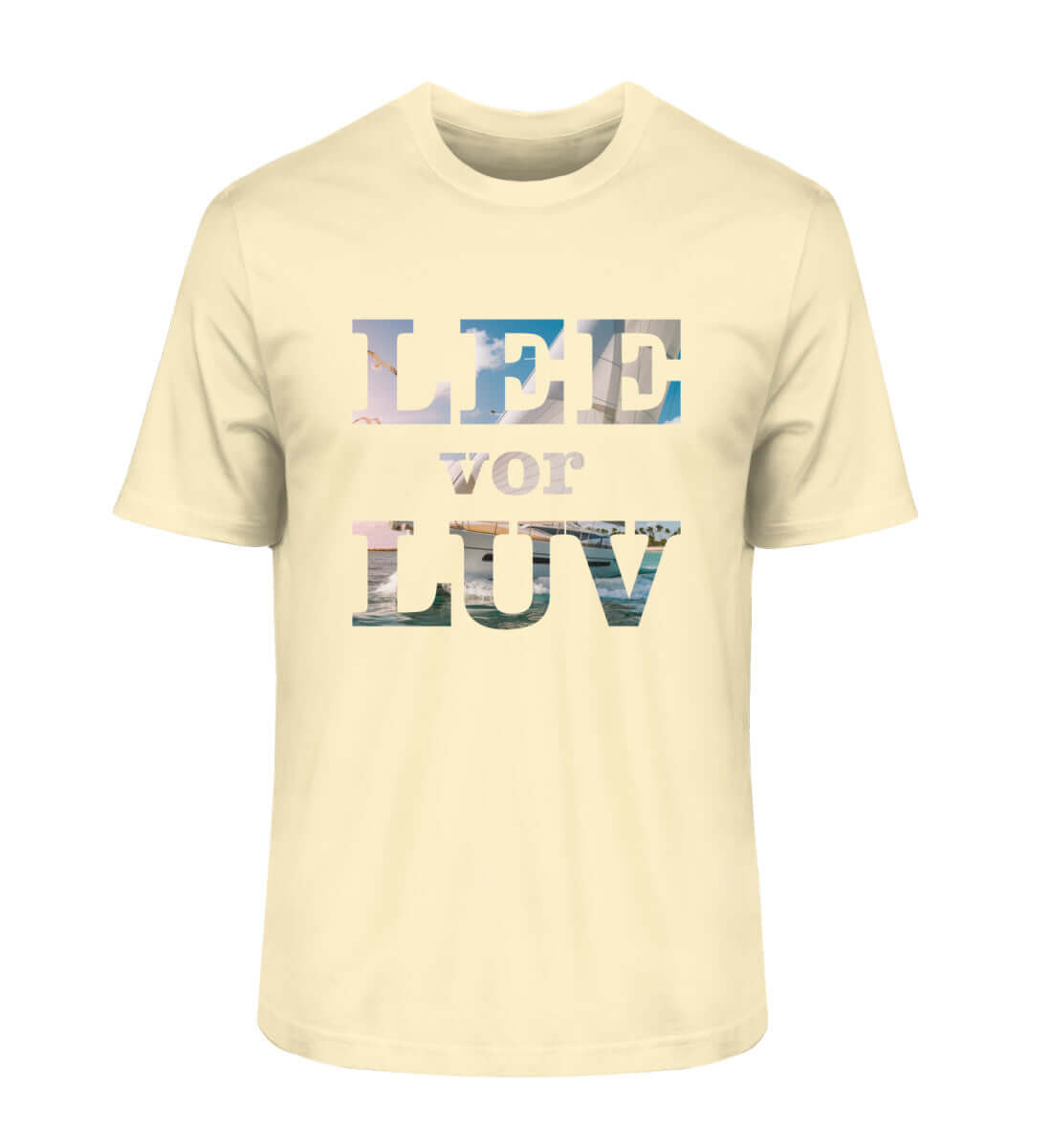 maritime Mode LEE vor LUV - Herren Premium Bio T-Shirt in Farbe: Natural Raw Schriftzug mit Fotofüllung Segelbootmotiv