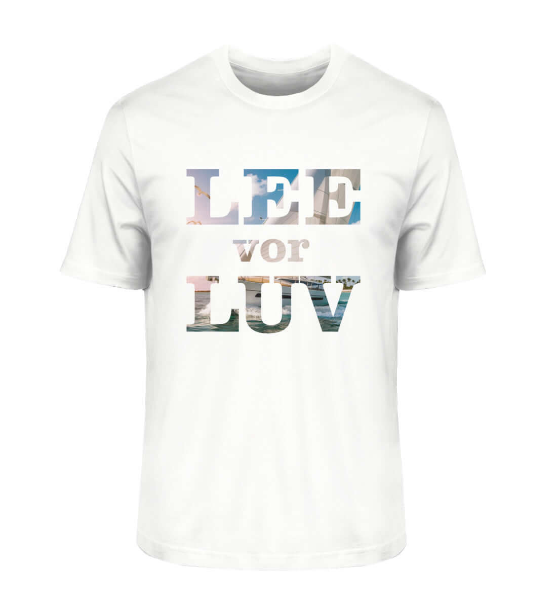 maritime Mode LEE vor LUV - Herren Premium Bio T-Shirt in Farbe: White Schriftzug mit Fotofüllung Segelbootmotiv